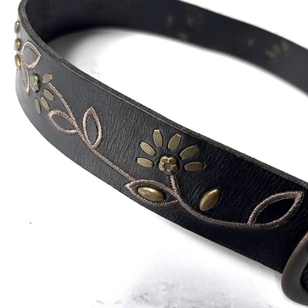 FOSSIL Black Leather Belt Artsy Metal Floral Stud Detail Boho Western Women’s M